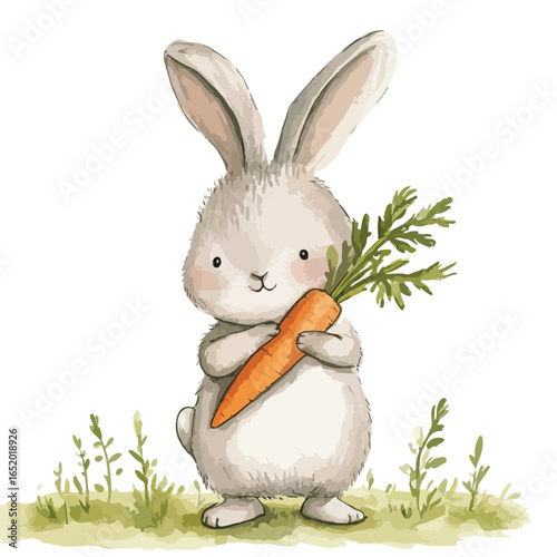 Watercolor bunny clutching a vibrant orange carrot with lush green leafy tops