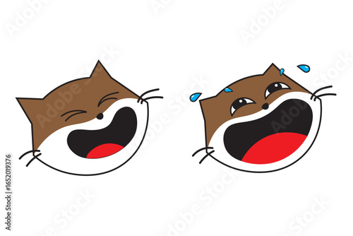 Vector illustration of two cartoon cat faces with joyful emotions, one laughing happily and the other laughing with tears, isolated on white background.