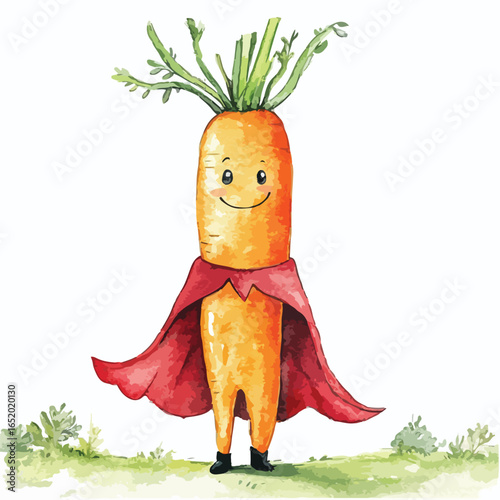 Watercolor Carrot Superhero with Red Cape and Black Boots on Grassy Ground