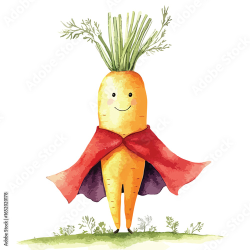 Watercolor Carrot Superhero with Red Cape Standing on Grassy Patch