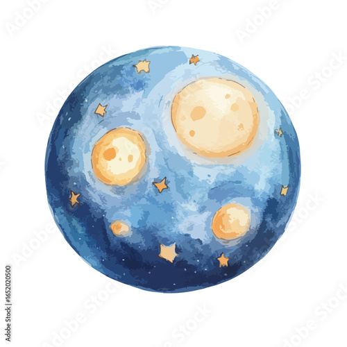 Watercolor celestial globe with golden stars and moons on a blue textured surface