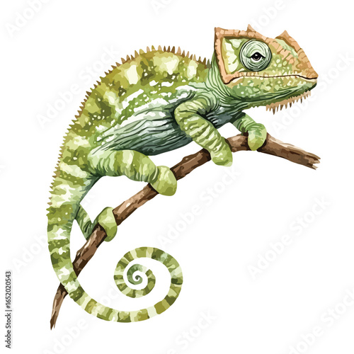 Watercolor Chameleon on Branch with Spiraled Tail