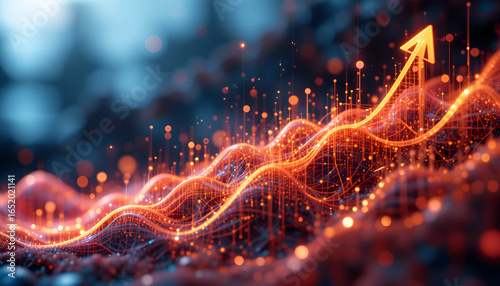Dynamic financial growth visualized with glowing orange data streams and upward trending arrow