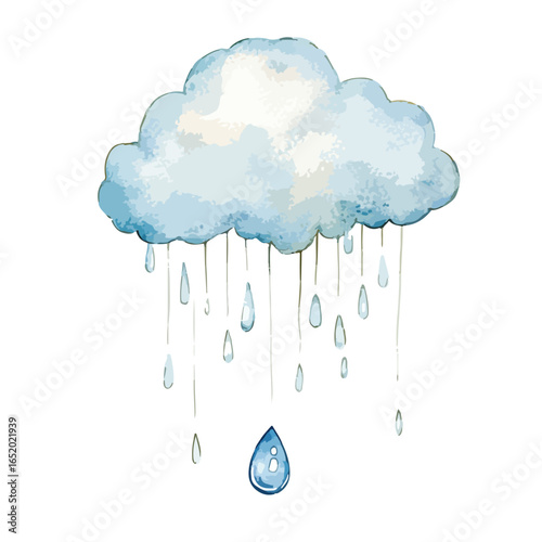 Watercolor Cloud with Raindrops and a Large Final Drop