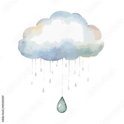Watercolor Cloud with Raindrops Featuring a Large Single GreenishGray Teardrop