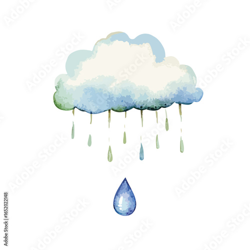 Watercolor Cloud with Raindrops and a Single Large Falling Drop