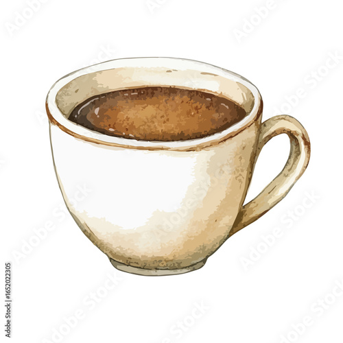 Watercolor Coffee Cup with Rich Brown Brew and Curved Handle
