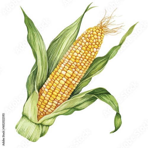 Watercolor Corn on the Cob with Green Husk and Silky Tassels Detail