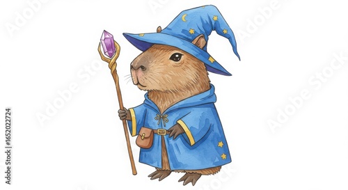 Watercolor drawing of a mouse dressed as a wizard with a magical staff and whimsical background details