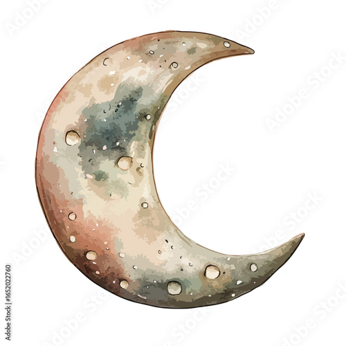Watercolor Crescent Moon with Crater Details and Earthy Tones Illustration