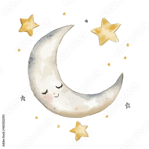 Watercolor Crescent Moon with Sleeping Eyes and Golden Stars Illustration