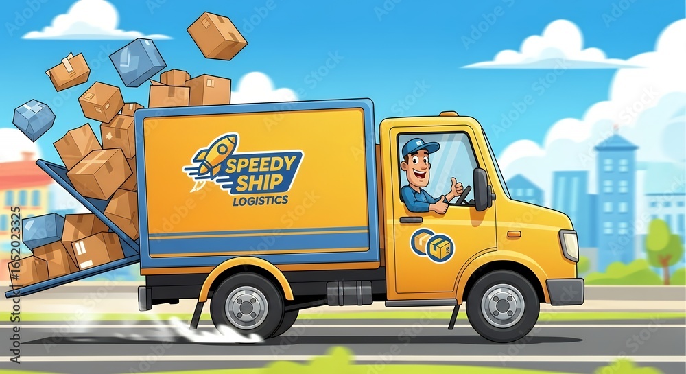 Fototapeta premium Yellow Delivery Truck Unloading Brown Cardboard Boxes on Urban Road with Blue Sky