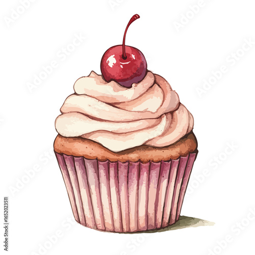 Watercolor cupcake with pink frosting and a bright red cherry