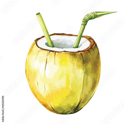 Watercolor depiction of a fresh coconut with two straws ready to drink