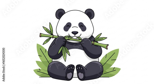 A cute panda bear eating bamboo, a charming illustration