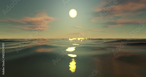 Wave sea beach and sunset sky abstract background. Nature and summer concept. 3d render.	