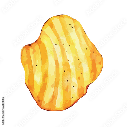 Watercolor depiction of a single textured golden potato chip