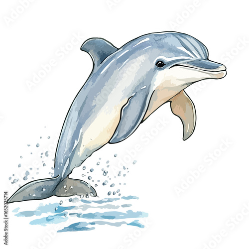 Watercolor Dolphin Leaping from Water with Artistic Detail and Splashes