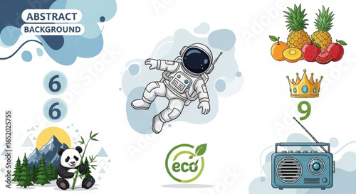 Illustration of an astronaut in space, fruits, panda, crown, radio, and abstract background