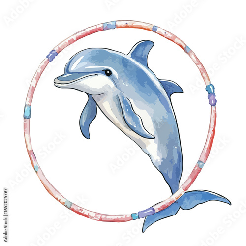 Watercolor Dolphin Leaping Through a Beaded Hoop Artistic Marine Mammal