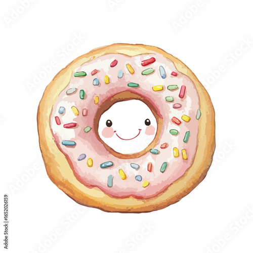 Watercolor Donut with Pink Frosting Colorful Sprinkles and a Smiling Face