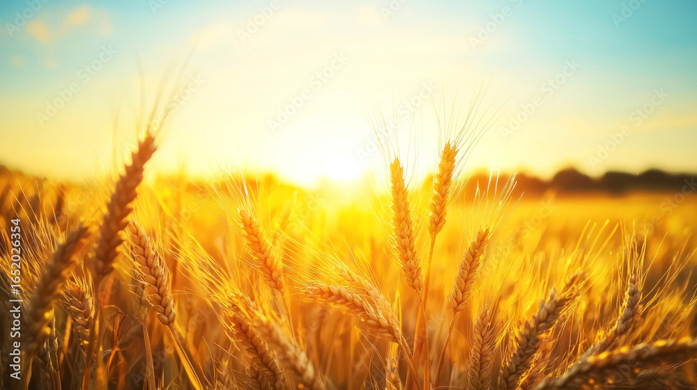 Fototapeta premium A golden wheat field with a clear blue sky in the background.