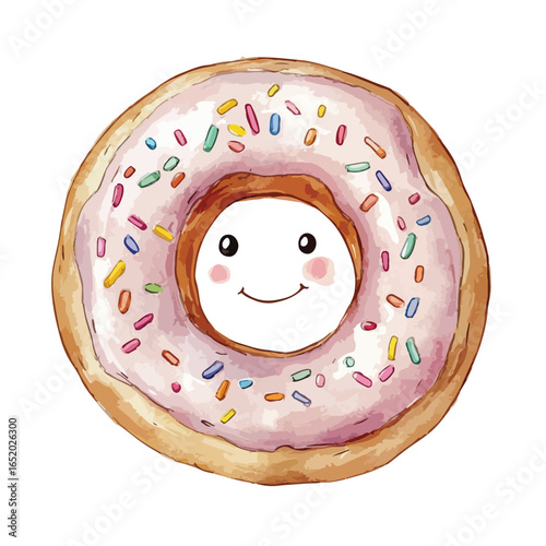 Watercolor Donut with Smiling Face and Colorful Sprinkles Sweet and Cheerful
