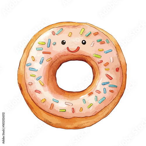 Watercolor Donut with Smiling Face and Colorful Sprinkles Delightful Dessert