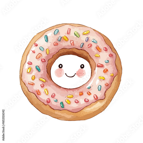 Watercolor Donut with Smiling Face Colorful Sprinkles and Sweet Glaze