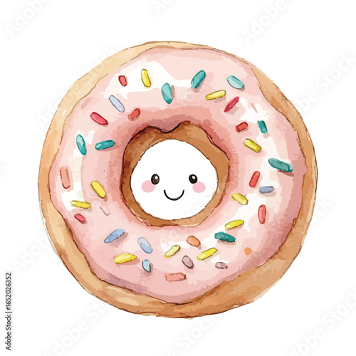 Watercolor Donut with Smiling Face Colorful Sprinkles and Pink Frosting