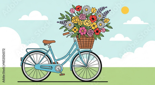 A blue bicycle with a basket full of colorful flowers on a sunny day illustration