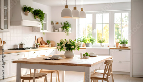 Bright White Kitchen Interior Featuring Wooden Table Green Plants and Natural Light