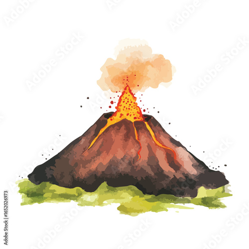 Watercolor Eruption A Volcanic Mountain Spewing Fiery Lava and Smoke