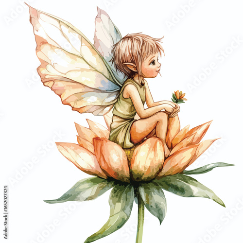 Watercolor Fairy Perched Atop a PeachColored Flower Holding a Tiny Bloom