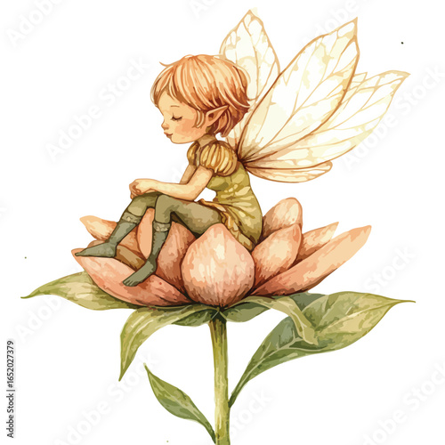 Watercolor Fairy Resting on a Delicate Pink Flower with Large Wings