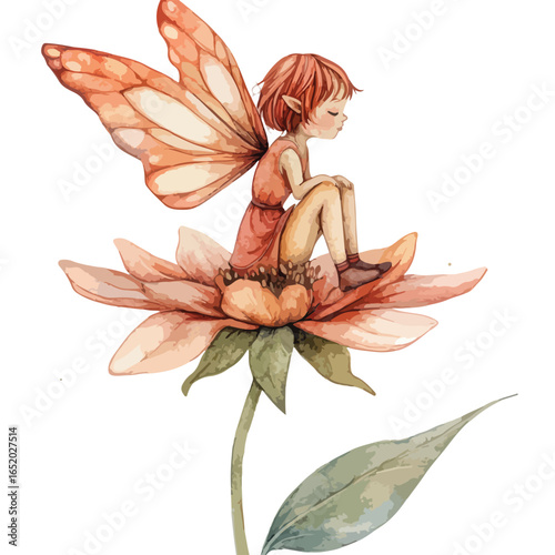 Watercolor Fairy with Peach Wings Resting on a PeachColored Flower