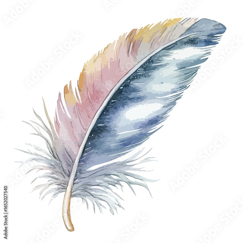 Watercolor Feather with Blue Pink and Yellow Hues Delicate Barbs and Quill