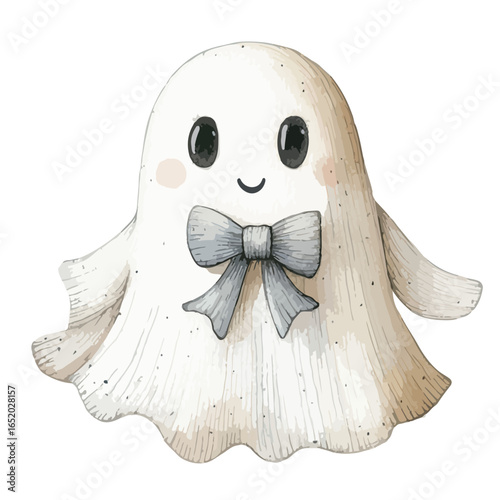 Watercolor Ghost with Gray Bow Tie and Rosy Cheeks Smiling Sweetly