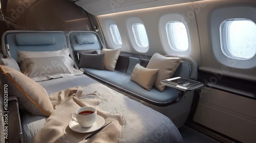 Luxury Airplane Cabin: Experience the pinnacle of travel in an opulent airplane cabin. This shot showcases a private suite, furnished with a comfortable bed, plush pillows, and a small table.