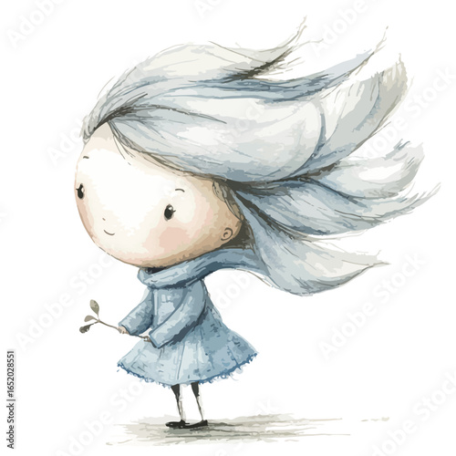 Watercolor girl with windswept hair holding a small branch with budding leaves