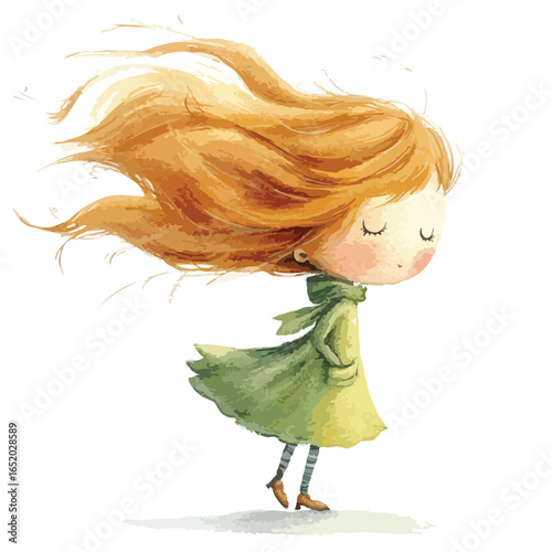 Watercolor girl with windswept ginger hair green coat and striped leggings