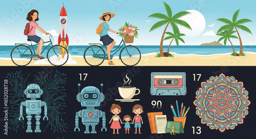 Two women riding bicycles on a sunny beach with palm trees and a rocket, with retro objects below
