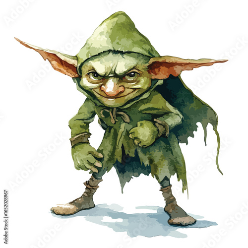 Watercolor Goblin with Pointed Ears and Hooded Cloak Standing Menacingly