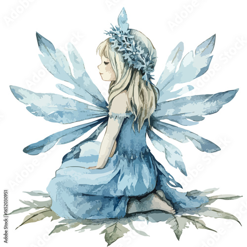 Watercolor Ice Fairy Kneeling on Leaves with Floral Crown and Wings