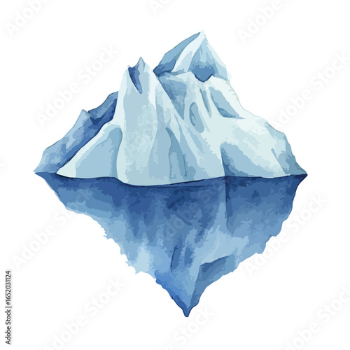 Watercolor iceberg with twin peaks and a mirrored reflection in the water