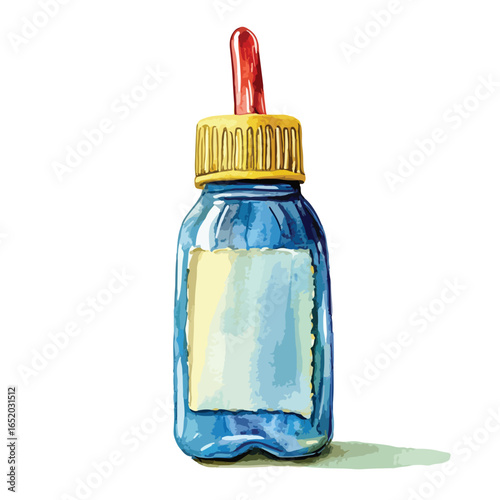 Watercolor illustration of a blue glass bottle with a red dropper and yellow cap