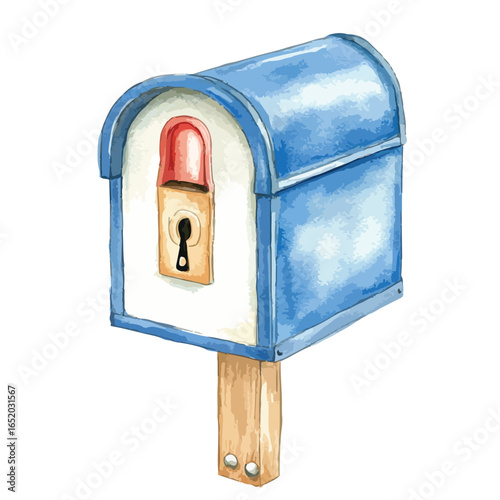 Watercolor Illustration of a Blue Mailbox with a Decorative Red Lock