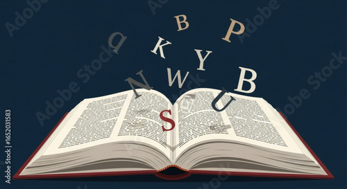 Illustration of an open book with letters flying out, representing education, knowledge, and learning