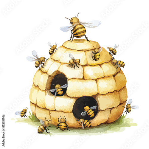 Watercolor Illustration of a Busy Beehive with Numerous Bees Buzzing Around