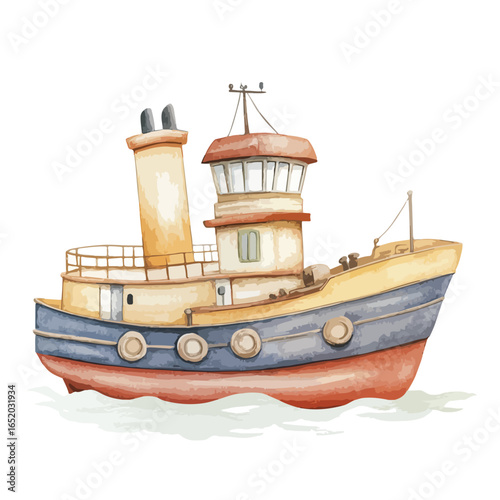 Watercolor Illustration of a Charming Detailed Tugboat on the Water